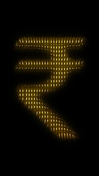Golden Indian Rupee Symbol Scanner Effect Animation, Digital Dot Particles on Dark Background, Golden Scanning Dot Grid Currency Symbol, 4K Seamless Loop, Vertical Video 9:16