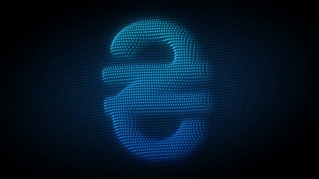 Blue Ukrainian Hryvnia Symbol Rotating Animation, Digital Dot Particles on Dark Background, Glowing Cyan Dot Grid 3D Currency Symbol, 4K Seamless Loop
