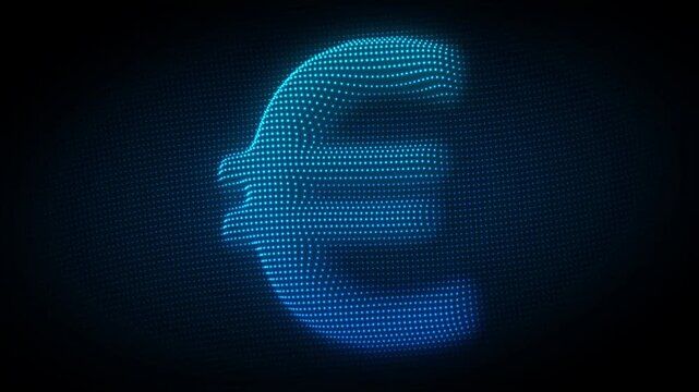Blue Euro Symbol Rotating Animation, Digital Dot Particles on Dark Background, Glowing Cyan Dot Grid 3D Currency Symbol, 4K Seamless Loop