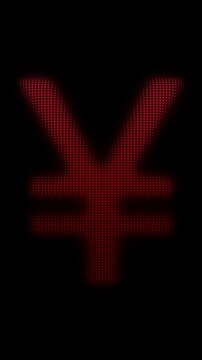 Yen Symbol Scanner Effect Animation, Digital Dot Particles on Dark Background, Red Scanning Dot Grid Currency Symbol, 4K Seamless Loop, Vertical Video 9:16