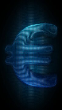 Blue Euro Symbol Waving Flag Animation, Digital Dot Particles on Dark Background, Glowing Cyan Dot Grid Waving Currency Symbol, 4K Seamless Loop, Vertical Video 9:16