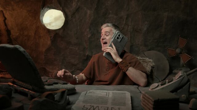Efficient confident prehistoric businessman working in his office, he is answering phone calls and typing on the laptop