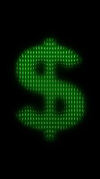 Green Dollar Symbol Scanner Effect Animation, Digital Dot Particles on Dark Background, Green Scanning Dot Grid Currency Symbol, 4K Seamless Loop, Vertical Video 9:16