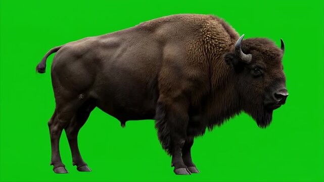 A large brown bison stands on a green screen with its head turned right