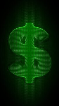 Green Dollar Symbol Waving Flag Animation, Digital Dot Particles on Dark Background, Glowing Green Dot Grid Waving Currency Symbol, 4K Seamless Loop, Vertical Video 9:16