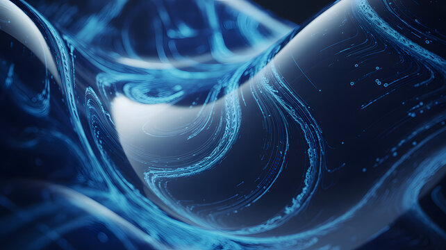 Dynamic Abstract Blue Wavy Surface with Glowing Lines and Particles, Representing Digital Data Flow and Modern Technology