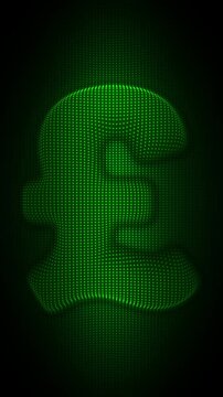 Green Pound Sterling Symbol Waving Flag Animation, Digital Dot Particles on Dark Background, Glowing Green Dot Grid Waving Currency Symbol, 4K Seamless Loop, Vertical Video 9:16