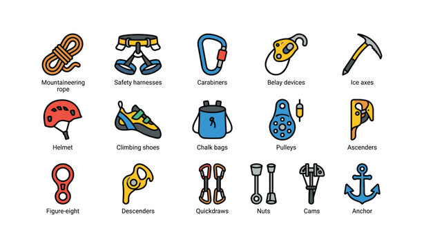 Climbing gear icons showing equipment and tools on white background