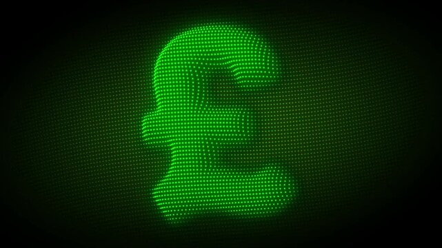 Green Pound Sterling Symbol Rotating Animation, Digital Dot Particles on Dark Background, Glowing Green Dot Grid 3D Currency Symbol, 4K Seamless Loop