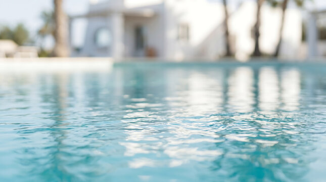 Tranquil swimming pool water surface reflecting sunlight with a blurred modern white villa and palm trees in the background creating a serene outdoor atmosphere