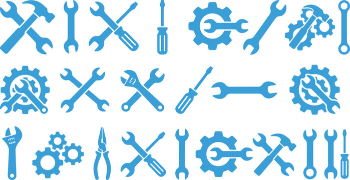 Diverse collection of blue business icons tools gears and wrenches for industry repair services