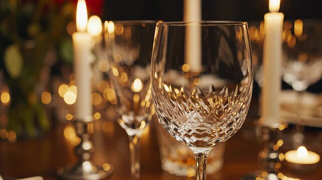Elegant crystal glasses and candles create a warm, inviting ambiance on a dining table