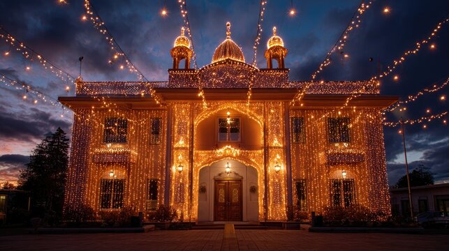 Decorated Gurdwara illuminated for Vaisakhi evening celebration, warm golden lights, twilight sky backdrop