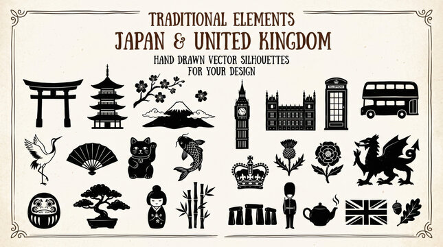 Collection of traditional japanese and uk design elements with united kingdom
