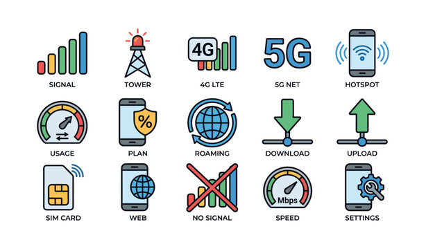 Mobile network icons showing connectivity features on white background