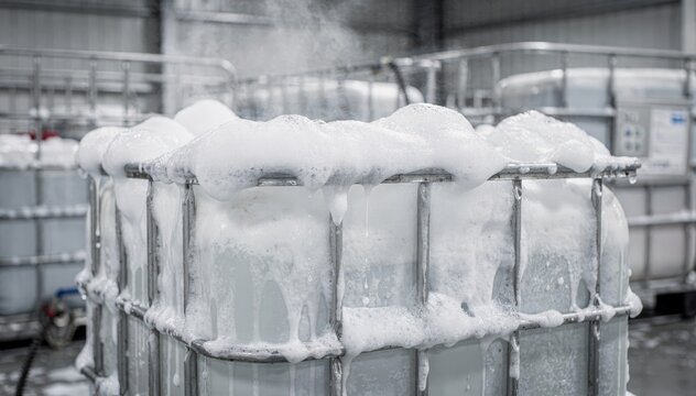 Detergent foam covers drums and IBC containers in a medium shot of a thorough cleaning process focusing on safe refilling preparation and hygiene.