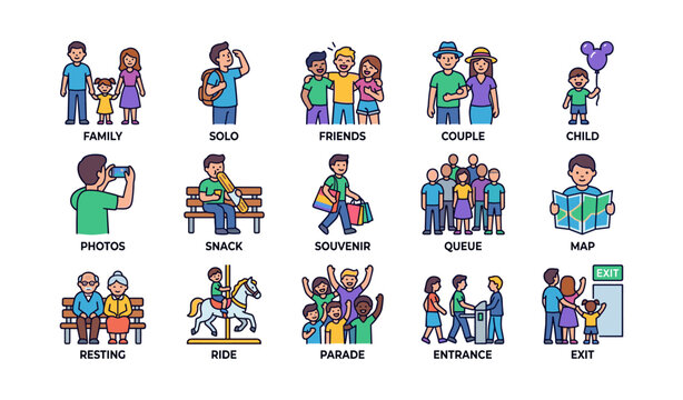 Theme park visitor and activity icons arranged on white background