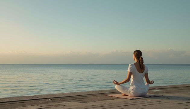 A calm seaside meditation scene with a yogi in lotus pose, soft ocean breeze and pastel sky reflecting on the water.