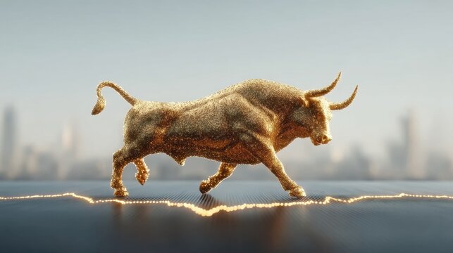 Majestic Radiant Bull Sculpture Representing Strength and Prosperity in High-Definition with Beautiful Background and Topaz Shine