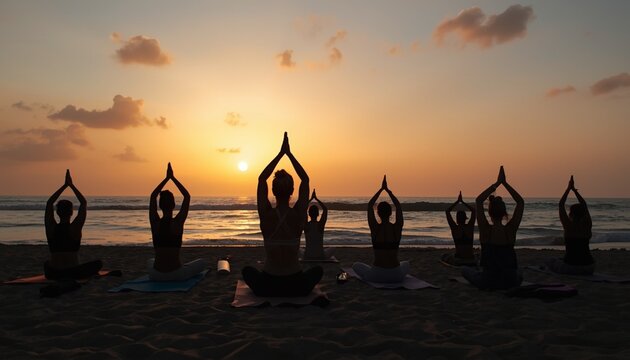 A group yoga class on the beach, participants meditating together as the sun rises over the ocean.