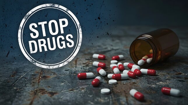 Stop drugs concept with pills and bottle on dark surface