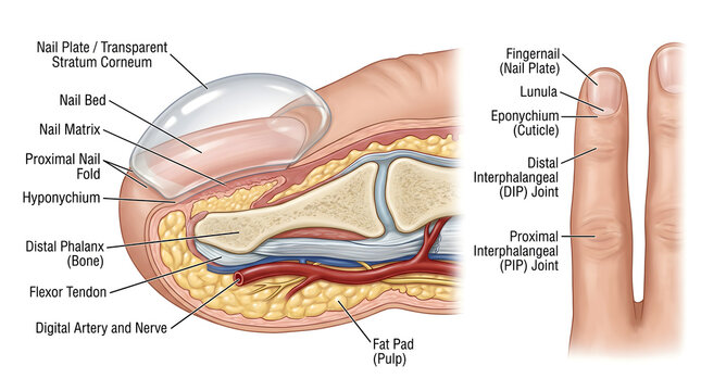 Cross‑sectional anatomy of the fingertip and nail complex showing nail plate, nail bed, proximal nail fold, matrix, distal phalanx bone, flexor tendon, digital artery and nerve, fat pad and interphala