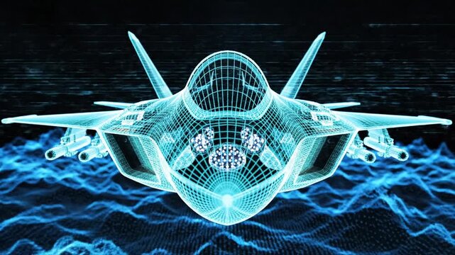 Holographic wireframe fighter jet flying over digital landscape