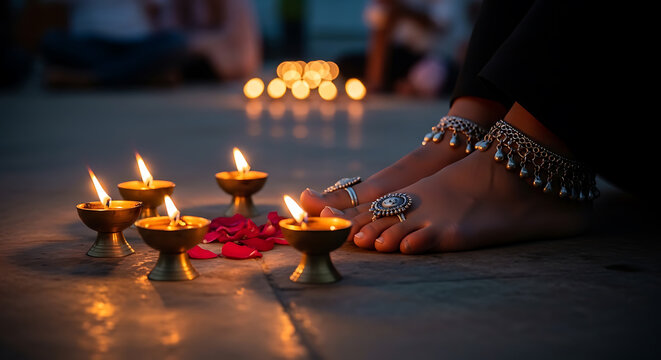 A woman wearing traditional silver anklets sits near small clay oil lamps glowing with warm fire light during a festive evening celebration of cultural traditions which embrace peace and inner