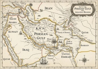 Fototapeta premium Vintage map of the Persian Gulf and adjacent regions, antique style cartography on aged paper, historical Middle East geographical chart