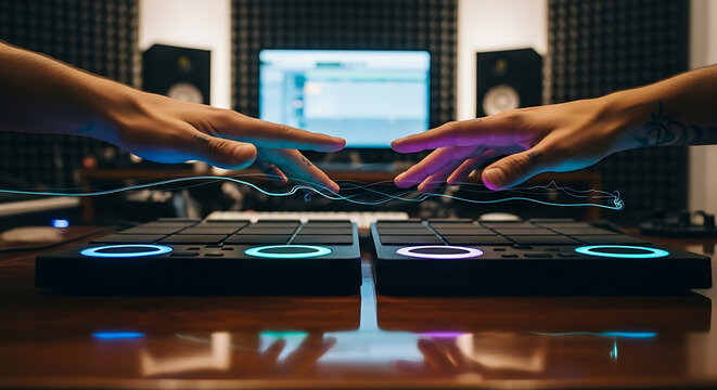 Two people's hands interacting with illuminated music production controllers in a studio setting.