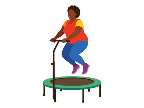 African American woman jumping trampoline fitness exercise. Smiling female casual outfit outdoor gym activity. Healthy lifestyle, recreation fun isolated white background