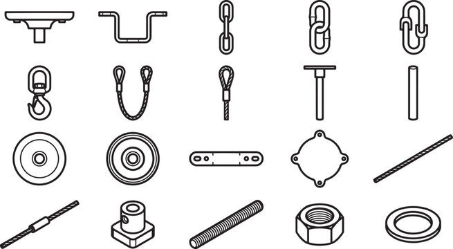 An assortment of mechanical hardware elements isolated on a stark background. Ideal for engineering, manufacturing, or design. 