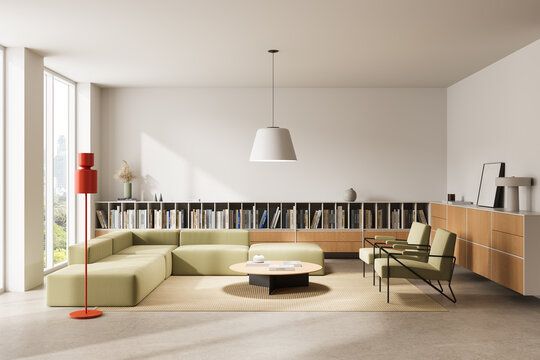 Modern minimalist living room interior with green sofa, wooden shelves, soft lighting, and clean architecture concept captured in serene daylight. 3D Rendering