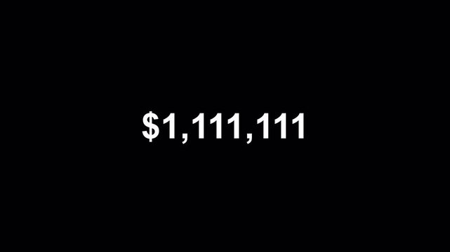 Two million dollar counting animation from zero to two million on a transparent background, 0 to 2,000,000 dollar money counter animation with alpha channel.