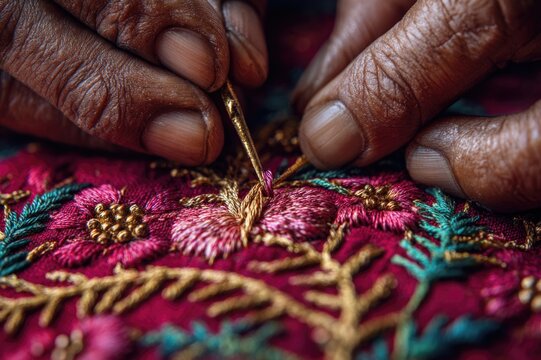 Detail shot of intricate phulkari embroidery in progress needle threading through deep crimson fabric, silk threads in gold, emerald, and fuchsia, hands of a Punjabi artisan visible