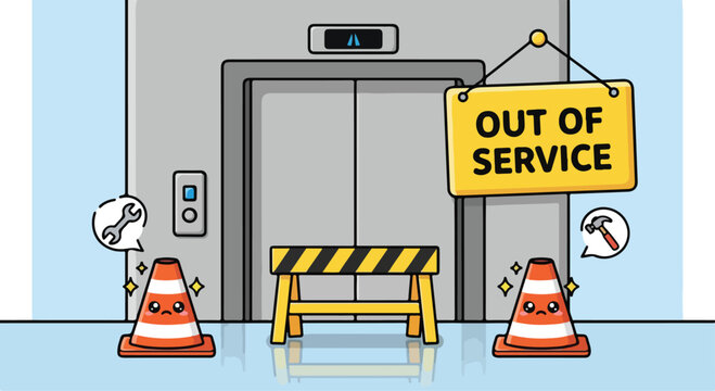 Closed elevator door with out of service sign and safety barriers indicating maintenance or malfunction in a building