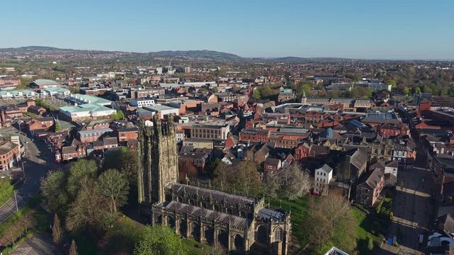 Aerial view from the church leading towards the centre of Wrexham town centre