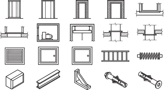 Engineering Elements: A comprehensive collection of architectural and industrial components, meticulously illustrated in a clean, uncluttered style, perfect for illustrating construction principles. 
