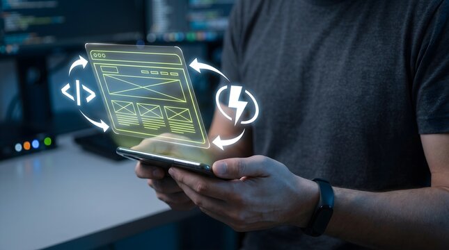 Full stack developer using smartphone with frontend rendering holographic interface