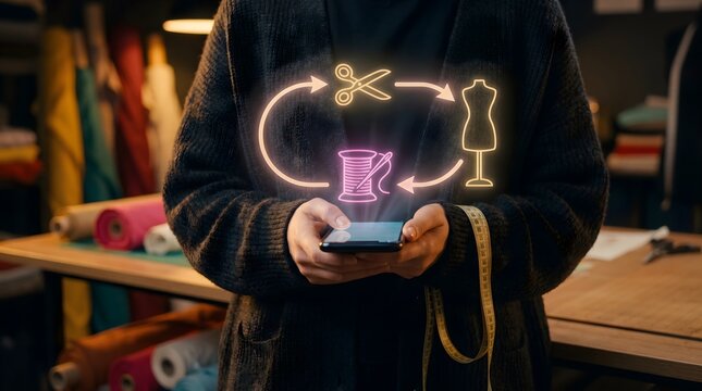 Fashion designer using smartphone with automated pattern cutting holographic interface