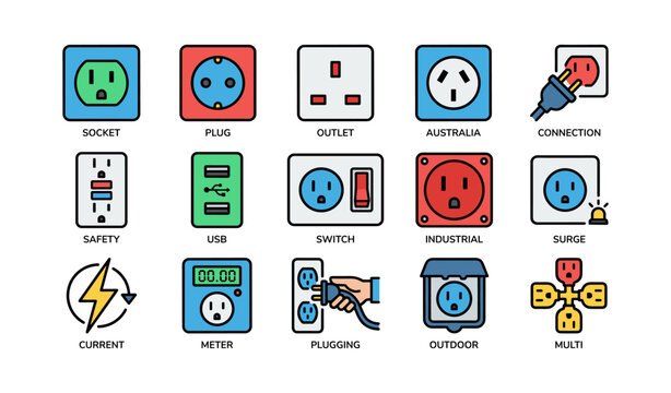 Electrical outlet and plug icons displaying socket types on white