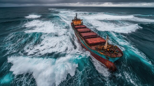 Dramatic Aerial View of Cargo Ship Battling Rough Ocean Waves Under Stormy Skies