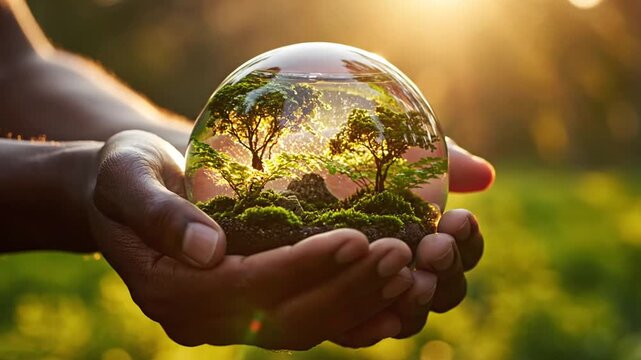 Mysterious concept of hands holding forestfilled orb ideal for book covers, fantasy posters, or naturethemed designs seeking an ethereal touch.