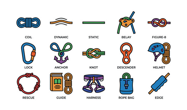 Climbing rope and safety gear icons arranged on white background