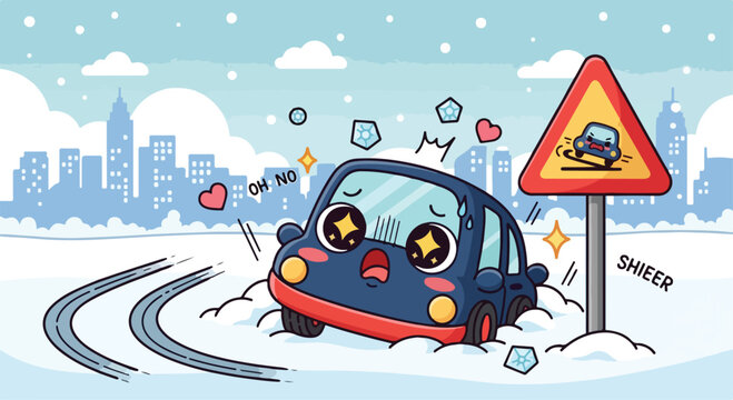 Cartoon illustration of a small car skidding off a snowy road near a city skyline with a warning sign and winter