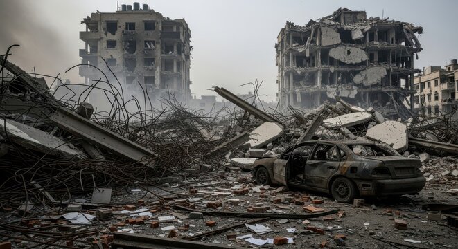 Destroyed city buildings in war zone, ruined urban landscape with rubble and debris, aftermath of explosion in residential area, devastated street with burnt car