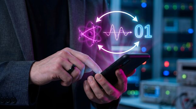 Physicist using smartphone with quantum algorithm optimization holographic interface