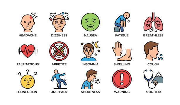 Medical symptom icons showing respiratory and neurological signs