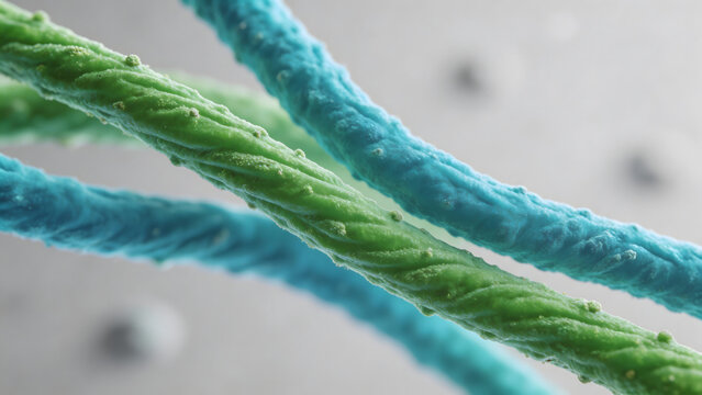 Closeup of twisted green and blue fibers
