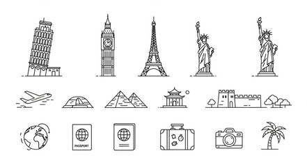 Fototapeta premium Collection of famous landmarks and travel icons in sketch style.